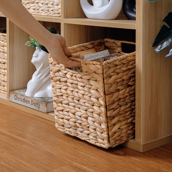10.5x10.5 Water Hyacinth Storage Baskets, Collapsible Square Wicker Baskets Cube Storage Bins for IKEA Kallax, Set of 3