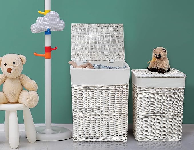 Badger Basket Wicker Nursery Laundry Hampers Set of 2 with Lids and Washable Liners – Large Durable Storage Baskets for Clothes, Toys, and Baby Room Organization, White