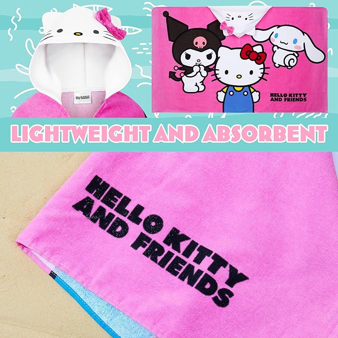 Hello Kitty Beach Towel with Hood for Girls Cinnamoroll Kuromi Kids Poncho Bath Towels Kawaii Beach Accessories Travel Essentials Girls Gifts (Pink Towel Hello Kitty, 6-14 Years)