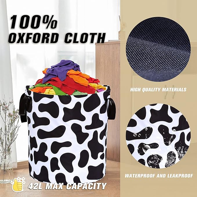 Cow Print Laundry Basket Animal Foldable Oxford Cloth Funny Tote Bag Laundry Hamper Clothes Storage Bucket Organizer For Bathroom/Laundry Storage/Bedroom Storage Basket 17.7x13.7 Inch