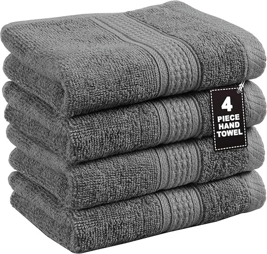 Grey Hand Towels for Bathroom - Pack of 4 (16" x 28") - 100% Cotton Double Stitched Edges - Ultra Soft, Quick Dry & Highly Absorbent - Everyday Comfort Hand & Face Towels for Family and Gym Use - Grey