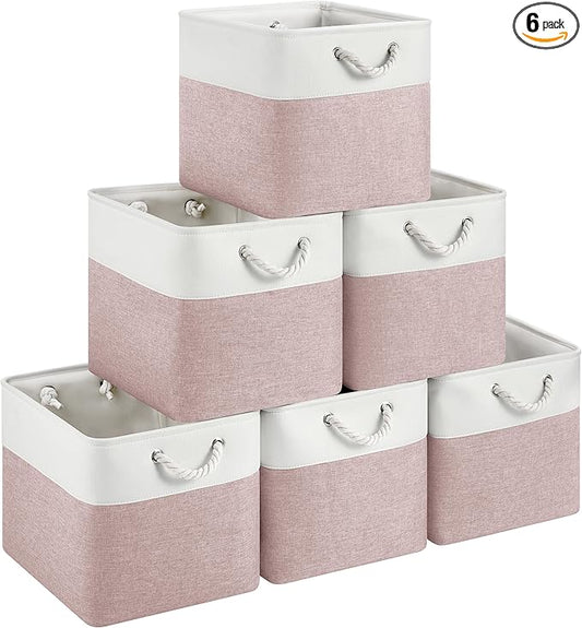 13x15x13 Storage Cube Bins, Heavy Duty Foldable Fabric Storage Bins with Handles and Metal Frame, 6 Pack Large Closet Organizer Bins for Clothes, Socks, Towels, White Pink