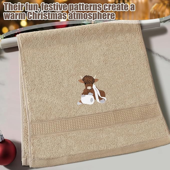 3 Pcs Highland Cow Hand Towels Embroidered Cow Farmhouse Decorative Bath Towels for Bathroom Kitchen Decor Country Farm Highland Holiday Housewarming Gifts, 100% Cotton, 13.3 x 29.5''