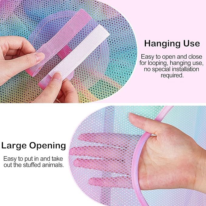 Basumee Stuffed Animals Net or Hammock 2 Pcs Stuffed Animals Storage Toy Net Hammock for Plushies Storage Organizer Mesh Kids Girls Room Decor, Rainbow, 4 Tiers