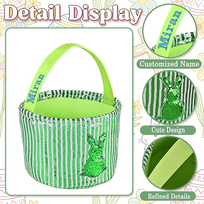 Personalized Easter Basket for Kids, Boys & Girls – Ideal for Egg Hunting & Easter Gift Storage (Green Sequin Bunny Basket)