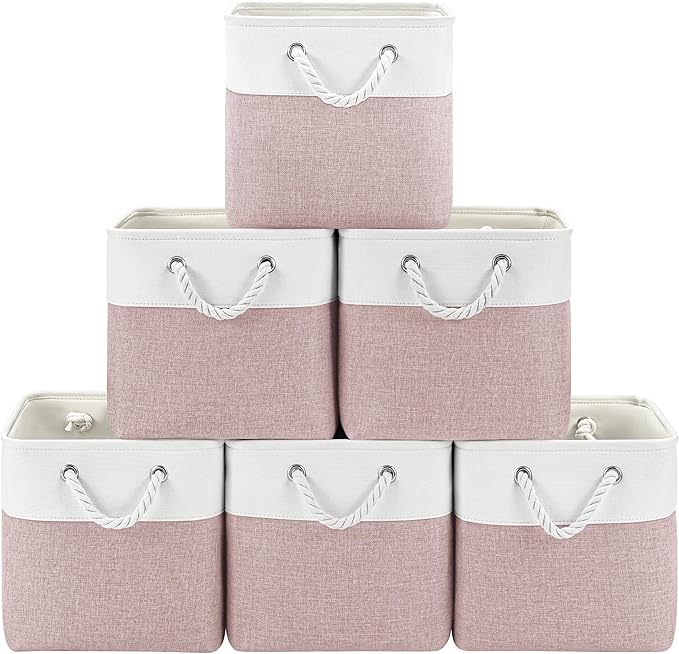 11 Inch Cube Storage Bins, 6 Pack Fabric Storage Cubes with Rope Handles, Organizer Baskets for Closet Shelves, Clothes and Home Organization(White/Pink)