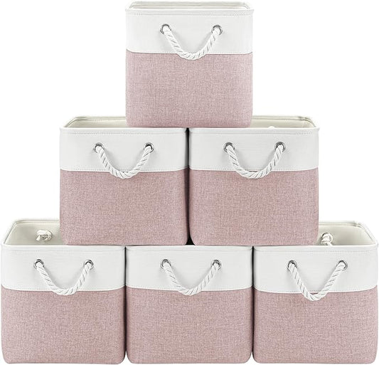 11 Inch Cube Storage Bins, 6 Pack Fabric Storage Cubes with Rope Handles, Organizer Baskets for Closet Shelves, Clothes and Home Organization(White/Pink)