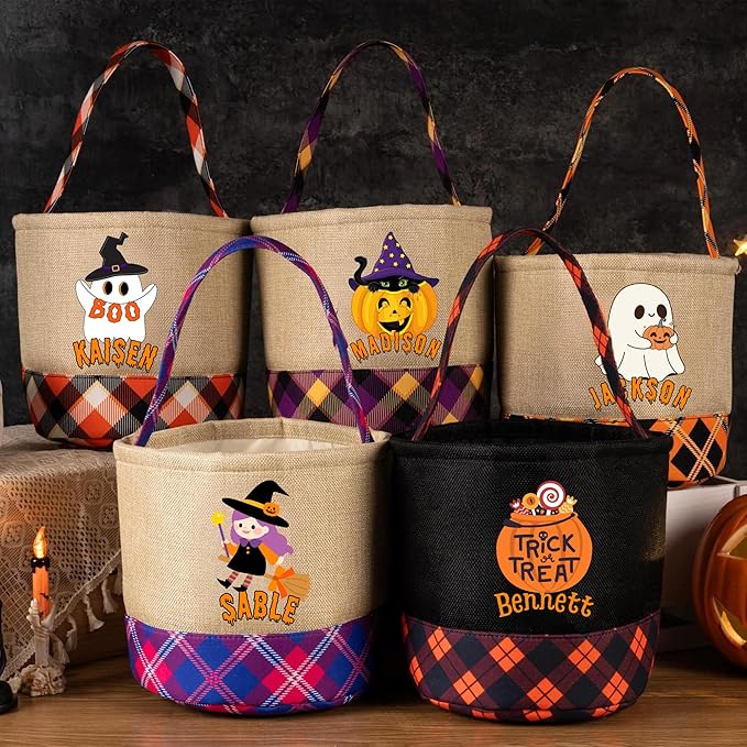 Kids Personalized Halloween Basket, Custom Name Trick or Treat Bag, Plaid Halloween Tote Bag, Pumpkin Candy Bucket for Toddlers, Boo Basket Gifts,Costume Accessory
