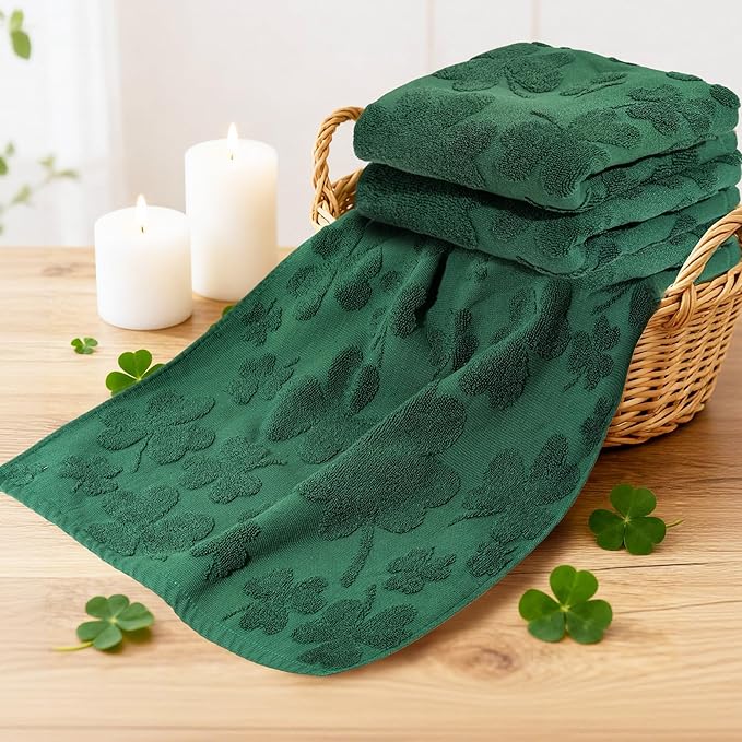 2 Pcs St. Patrick's Day Hand Towels 3D Green Shamrock Bathroom Decorative Towels for Drying, Cleaning, Cooking, Holiday 16'' x 28'' with Gift Box(Green)
