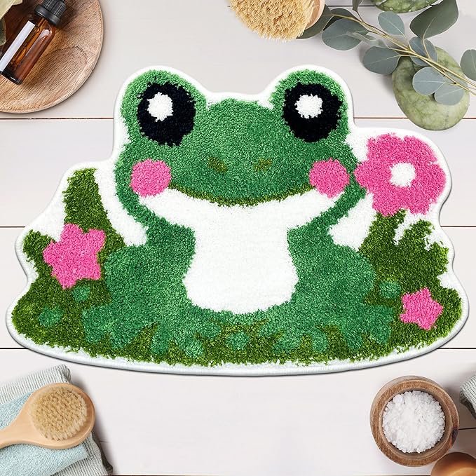 Hexagram Cute Frog Small Bath Mat 16×24 Inch, Frog Decor for Home Gift, Cute Bathroom Rugs, Green Pink Non Slip Soft Washable Irregular Animal Shaped Rug for Tub, Bathtub, Shower Room, Bedroom, Door