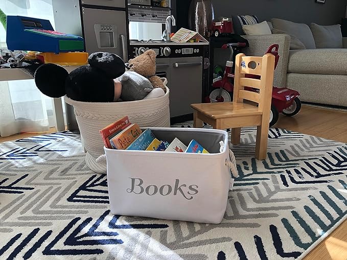 APPLE PIE ORDER Nursery basket, Storage & organizer Bin for Baby, Diapers, Wipes, Books, Toys. White Canvas fabric Decorative Box with Embroidering. (Books - Gray, Medium)
