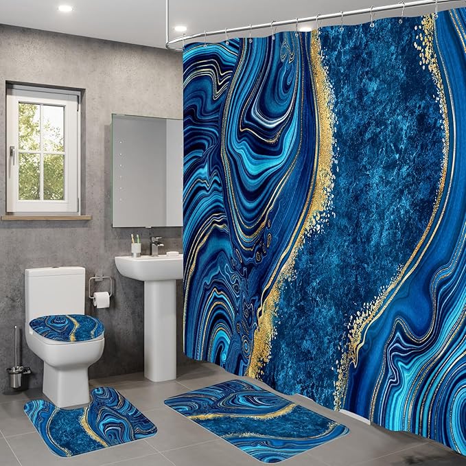 4PCS Blue Gold Marble Shower Curtain Sets with Rugs, Abstract Bathroom Sets with Shower Curtain and Rugs, Modern Bathroom Curtains Shower Set with Toilet Lid Cover for Bathroom Decor