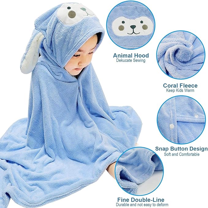 2pcs Microfiber Natural Fleece Soft Bath Towel for Kid with Cute Sheep Ears - Ultra Absorbent, Large Bath Towel for Boy and Girl - (Sheep 27.5 x 55 Inch) (Blue)