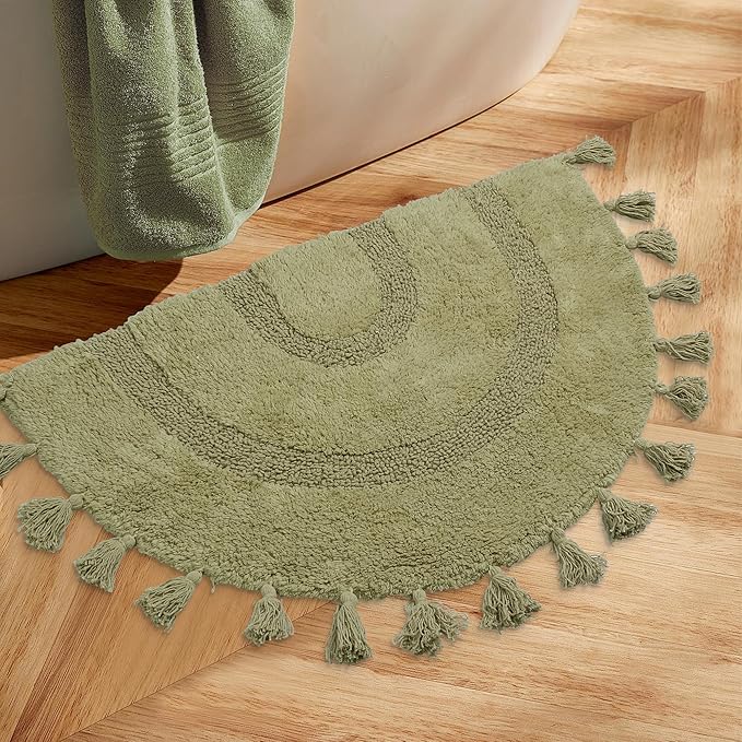 Half Circle Boho Bathroom Rugs with Tassels 100% Cotton Hand-Woven Bath Mat Non Slip Absorbent Bath Rugs with Rug Pad Washable Boho Bath Mat Carpet for Tub, Shower 20"x32",Sage Green