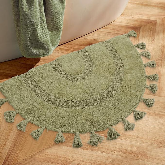 Half Circle Boho Bathroom Rugs with Tassels 100% Cotton Hand-Woven Bath Mat Non Slip Absorbent Bath Rugs with Rug Pad Washable Boho Bath Mat Carpet for Tub, Shower 20"x32",Sage Green