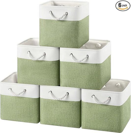 12x12 Storage Cube Bins, 6 Pack Reinforced Bottom Cardboard Foldable Box, Organizer for Closet Shelves, Heavy Home Storage Baskets (White Green)