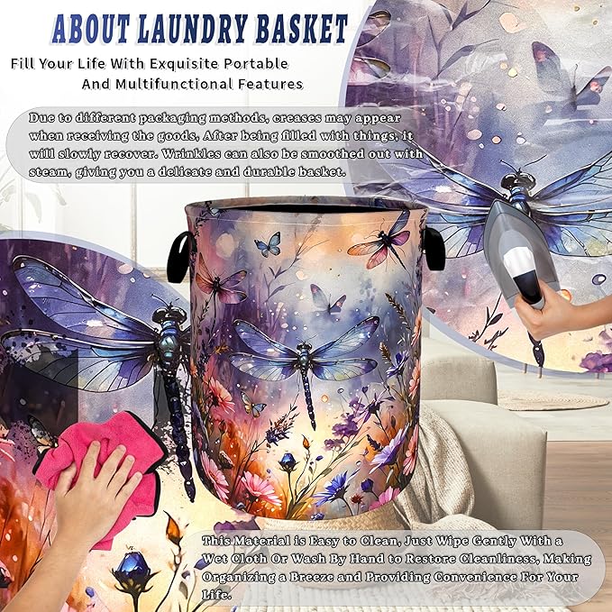 Colorful Dragonfly and Floral Laundry Basket Foldable Wild Flowers Laundry Hamper With Handle Oxford Cloth Portable Clothes Storage Basket Laundry Bag 18.9"x16.5" For Laundry Room/Bedroom/Bathrooms