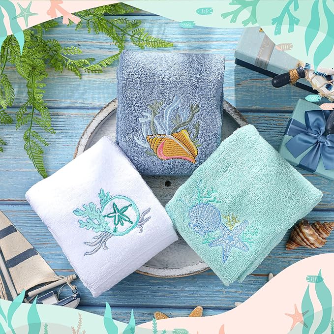 3 Pack Coastal Hand Towels for Bathroom 100% Cotton Embroidered Beach Bathroom Towels 13.78 x 29.53 Inch Soft Absorbent (White Green Blue, Seashell)