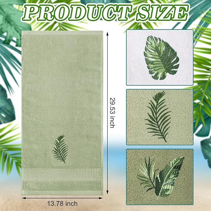 3 Pcs Tropical Palm Leaves Hand Towels for Bathroom Decor Summer Monstera Leaves Embroidered Absorbent Soft Cotton Towels 13.78 x 29.53 Inch Farmhouse Green Decorative for Kitchen Home