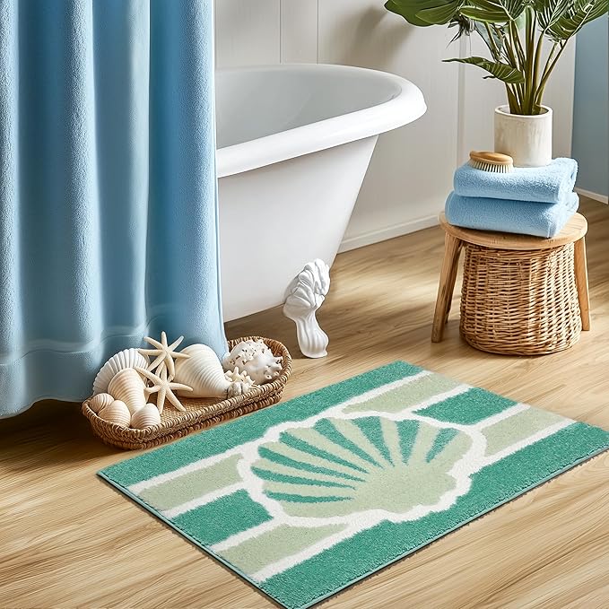 Green Beach Bathroom Rugs Non Slip Washable Cute Coastal Bath Mats Rugs for Bathroom Floor Nautical Fluffy Plush Soft Absorbent Farmhouse Carpet for Shower, Tub, 18x24 inch
