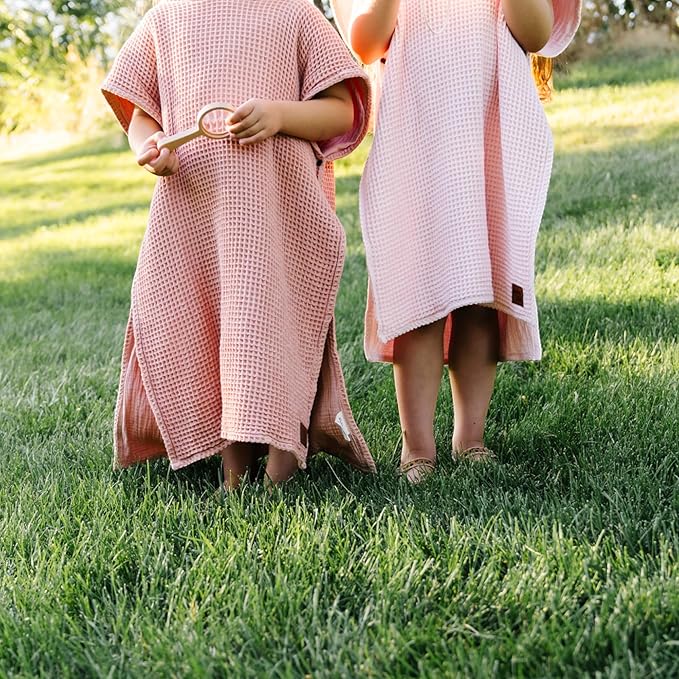Jade&Kai Hooded Towel for Kids | Snaps into a Poncho | Organic Cotton Waffle | Lightweight and Absorbent | Bath, Beach, and Pool | Multiple Colors | (Medium (3-6 Yrs), Cherry Blossom)
