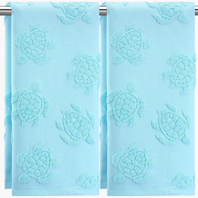 2pcs Sea Turtle Hand Towels for Bathroom 100% Cotton Jacquard Weave Bath Towel Set Soft Absorbent Dish Washcloth for Bathroom Kitchen Beach Summer Theme Gifts 13.8 x 29.5 Inch (Blue)