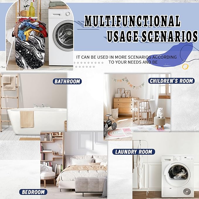Black White Marble Laundry Basket Foldable Beautiful Pattern Laundry Hamper With Handle Oxford Cloth Portable Clothes Storage Basket Laundry Bag 18.9"x16.5" For Laundry Room/Bedroom/Bathrooms
