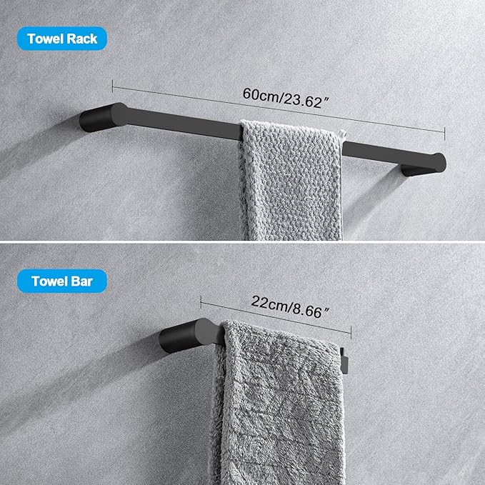 4-Pieces Bathroom Accessories Set, Matte Black Towel Bar Set Modern Stainless Steel Towel Rack Towel Hooks Toilet Paper Holder for Bathroom Wall Mounted, 23 Inch