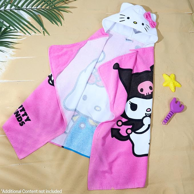 Hello Kitty Beach Towel with Hood for Girls Cinnamoroll Kuromi Kids Poncho Bath Towels Kawaii Beach Accessories Travel Essentials Girls Gifts (Pink Towel Hello Kitty, 6-14 Years)