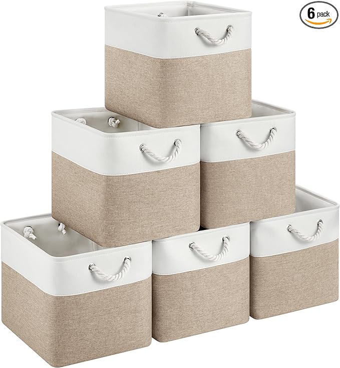 13x15x13 Storage Cube Bins, Heavy Duty Foldable Fabric Storage Bins with Handles and Metal Frame, 6 Pack Large Closet Organizer Bins for Clothes, Socks, Towels, White Khaki