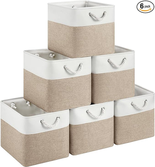 13x15x13 Storage Cube Bins, Heavy Duty Foldable Fabric Storage Bins with Handles and Metal Frame, 6 Pack Large Closet Organizer Bins for Clothes, Socks, Towels, White Khaki