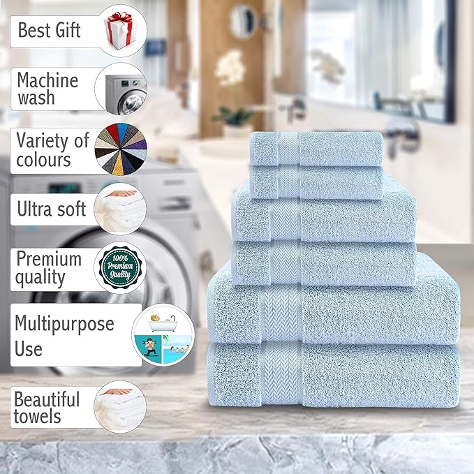 6 Piece Luxury Bath Towel Set - 100% Cotton, Quick Dry, Absorbent, Soft & Plush - Gym, Spa, Hotel, Pool, Shower Towels