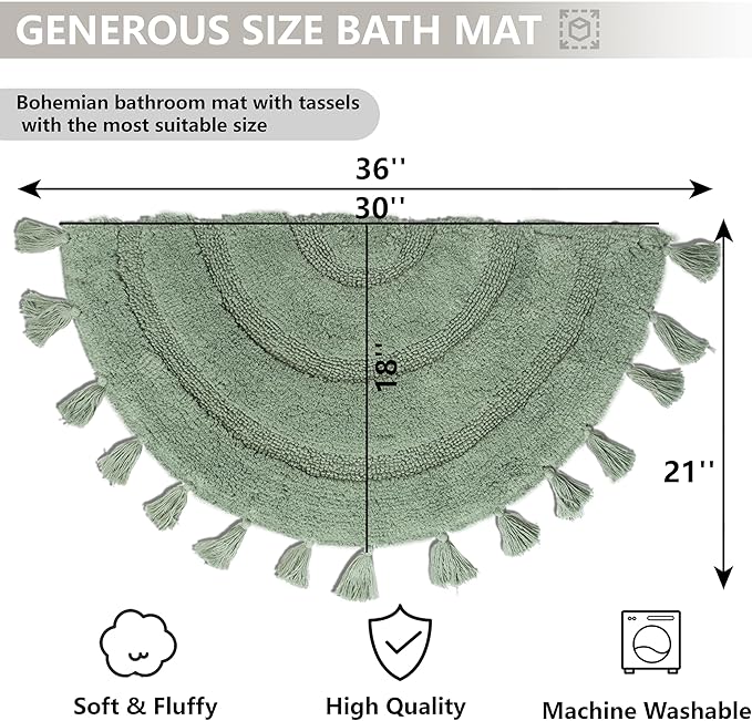 Half Circle Boho Bathroom Rugs with Tassels for Bohemian Bedroom Soft Half Circle Rug Handcrafted Crochet Cotton Non Slip Absorbent Washable Rug Cute Bath Mats for Boho Bathroom Decor 32"x20"