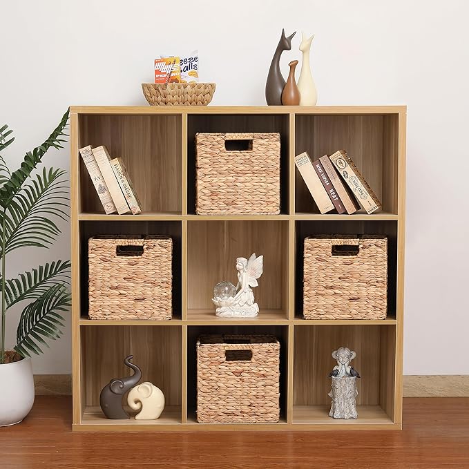11x11x11in Water Hyacinth Storage Baskets, 11 Inch Cube Storage Bins, Woven Baskets for Storage, Wicker Storage Basket for Shelves Set of 3