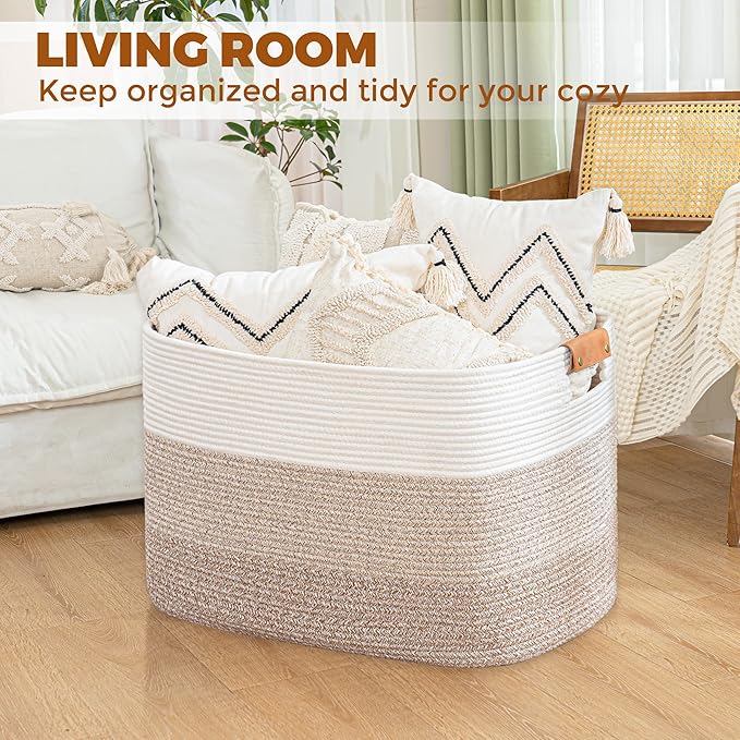 danpinera Large Woven Basket 108L+50L Rectangle Toy Storage Basket for Living Room, Nursery & Laundry, Large Cotton Rope Basket with Leather Handle, Gradient Brown&Gray