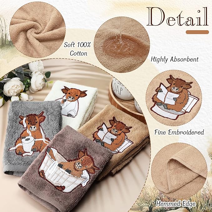 4 Pcs Highland Cow Bathroom Towels Cow Hand Face Wash Towels 29" x 13" Cotton Funny Embroidered Farmhouse Decorative Bathroom Decoration for Kitchen Accessories Housewarming