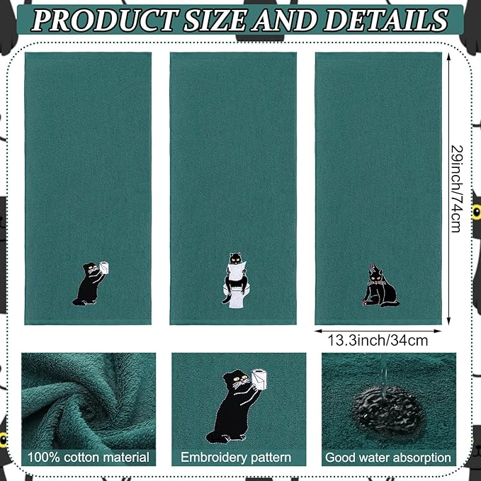 3 Pcs Cat Hand Towels for Bathroom Decor Funny Embroidered Black Cat Halloween Decorative Dark Green Bath Dish Towels for Bathroom Kitchen Decor, 100% Cotton, 13.3 x 29.5''