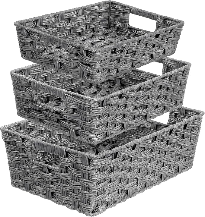 Set of 3 Large Wicker Storage Baskets for Shelves, Wicker Basket for Organizing, Waterproof Woven Baskets for Shelves and Pantry, Toilet, Bathroom, Bedroom, Patio(Gray)