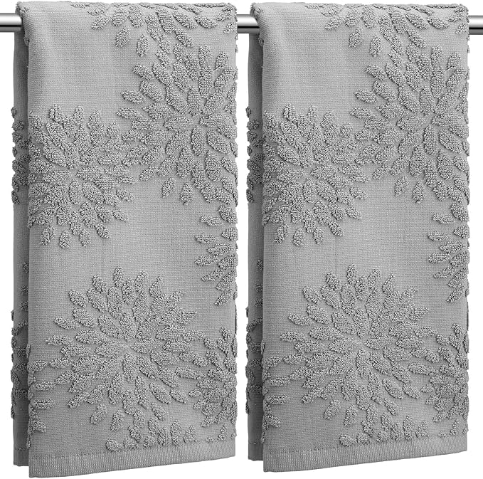 2 Pcs Quality Floral Jacquard Hand Towels Set for Bathroom Light Gray Hand Towels 100% Cotton Absorbent Decorative Weave Bath Decor Neutral Bathroom Decor Gift, 13.7 x 29.5 Inch