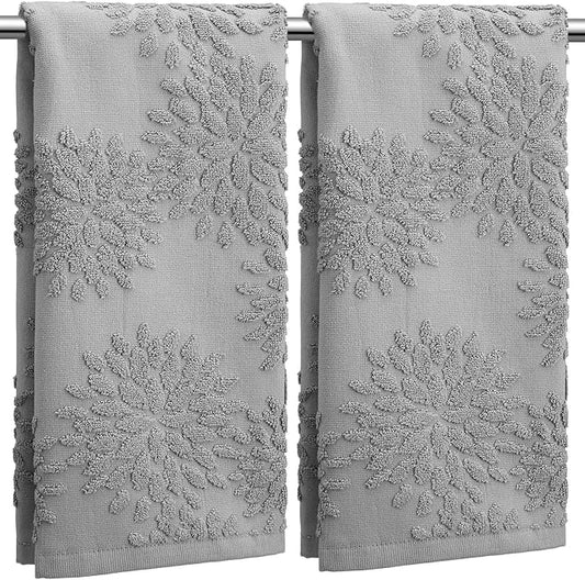 2 Pcs Quality Floral Jacquard Hand Towels Set for Bathroom Light Gray Hand Towels 100% Cotton Absorbent Decorative Weave Bath Decor Neutral Bathroom Decor Gift, 13.7 x 29.5 Inch