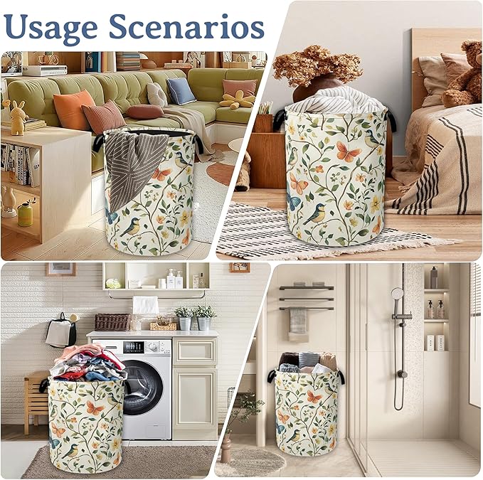 Bird Butterfly Laundry Basket,Oxford Cloth Vintage Nature Laundry Hamper With Handle Foldable Portable Clothes Storage Basket for Laundry Room/Bedroom/Bathroom 20.8"x16"