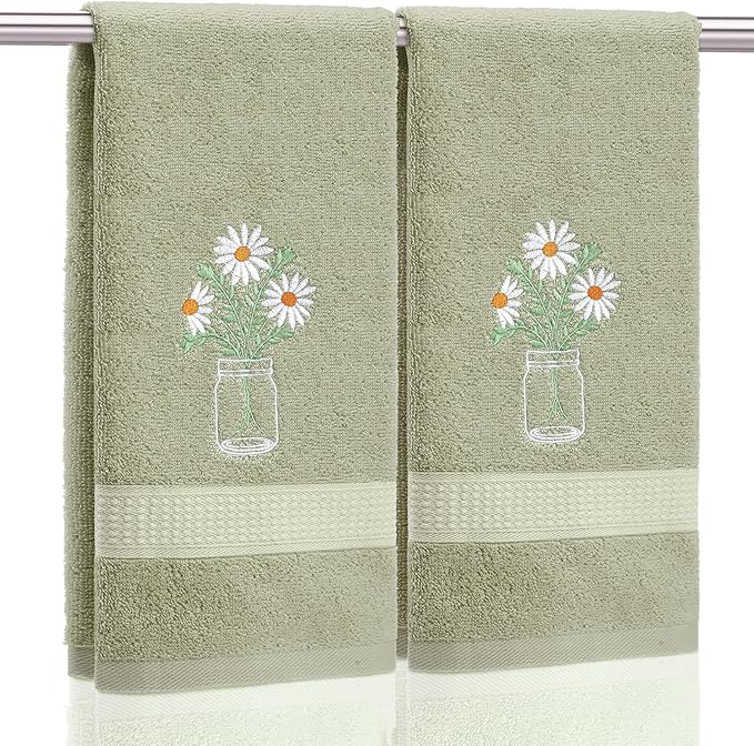 2 Pcs Daisy Flower Hand Towels Gray Green Bathroom Decor 14x29 Inch Embroidered 100% Cotton Soft Absorbent Spring Summer Decorative Hand Towels for Bathroom Kitchen