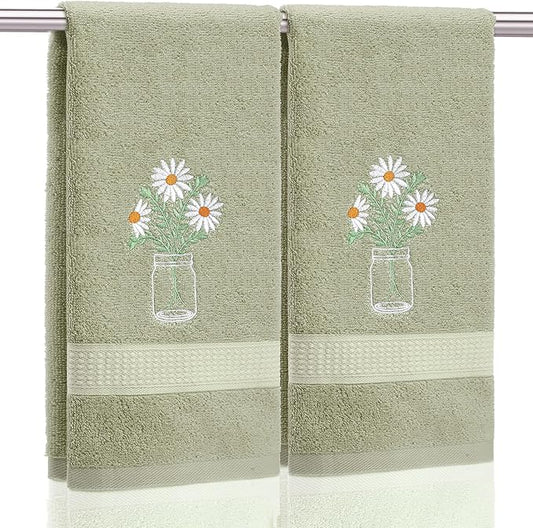 2 Pcs Daisy Flower Hand Towels Gray Green Bathroom Decor 14x29 Inch Embroidered 100% Cotton Soft Absorbent Spring Summer Decorative Hand Towels for Bathroom Kitchen