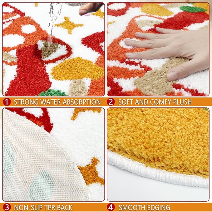 Hexagram Mushroom Rug, Cottagecore Mushroom Decor for Home Gifts, Colorful Round Small Cute Bathroom Rug 22.4×22.4 Inch, Non Slip Washable Soft Fun Bath Mat for Bathtub, Shower Room, Bedroom, Door