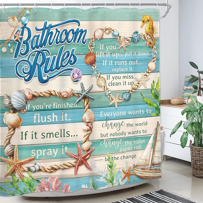 Homewelle Bathroom Rules Shower Curtain Teal Blue Kids Farmhouse Rustic Funny Starfish Beach Ocean Sea Inspirational Quotes Wooden Board Retro 72Wx72H Inch Waterproof Polyester Fabric Bathroom Bathtub