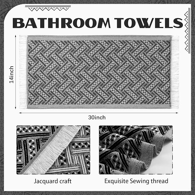4 Pack Boho Bathroom Hand Towel 14 x 30 Inch 100% Turkish Cotton Decorative Boho Kitchen Hand Towel Farmhouse Bathroom Decor Set Absorbent Soft Guest Tea Gift(Black,White)