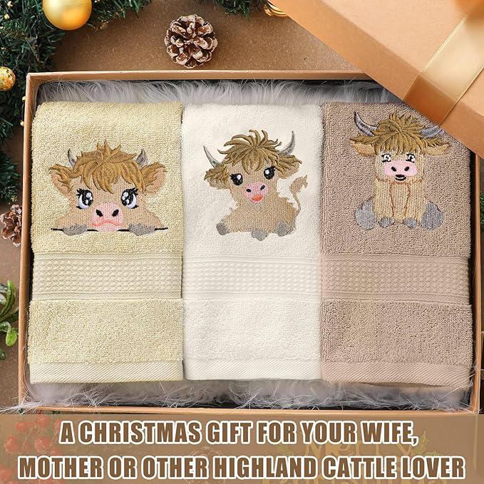 3 Pcs Mini Baby Highland Cow Hand Towels for Bathroom Kitchen Decor, Beige Embroidered Cow Soft Absorbent Decorative Towels Set Christmas Home Decor Gift, 100% Cotton, 13.3 x 29.5''