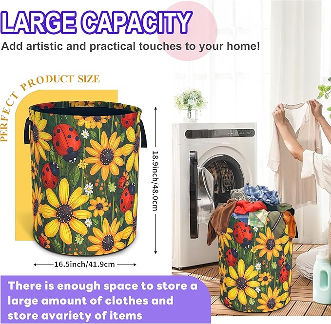 Ladybug Sunflower Laundry Basket Cartoon Oxford Cloth Laundry Hamper Funny With Handle Foldable Portable Clothes Storage Basket 18.9 X 16.5 In Storage Bag For Laundry Room/Bathroom/Bedroom/Dormitories