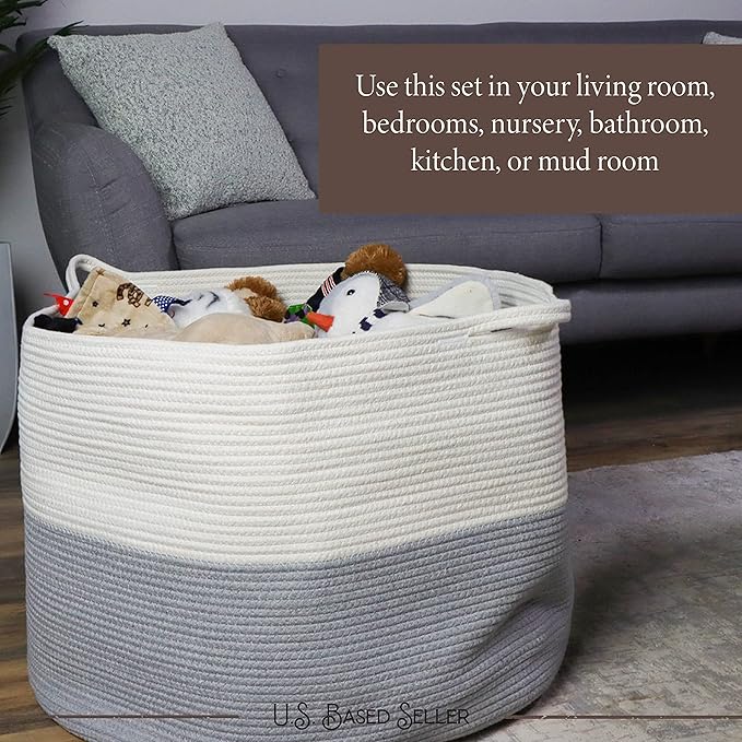 Extra Large Cotton Rope Basket 24” x 17” Woven Cotton Storage Basket with Handles for Blankets and Toys, Storage Decor for Living Room, Bedroom or Kids Room