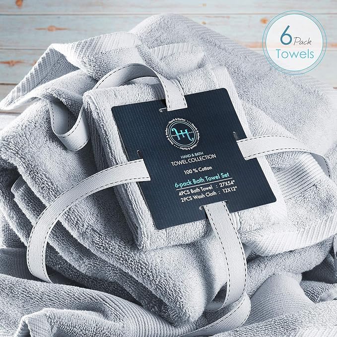 Hearth & Harbor Bath Towels for Bathroom - 100% Ring Spun Cotton Luxury Bathroom Towels - Ultra Soft & Highly Absorbent, Bath Towels Set of 6 - Ice Blue